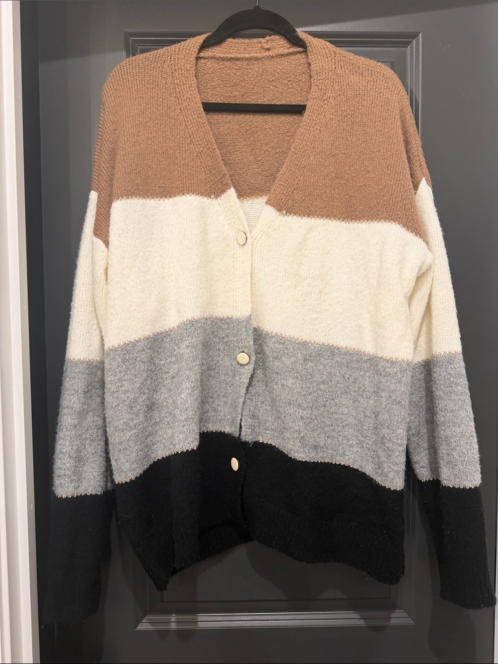Boutique Colorblock V-Neck Button Cardigan Sweater - Cream, Gray, Black, Tan